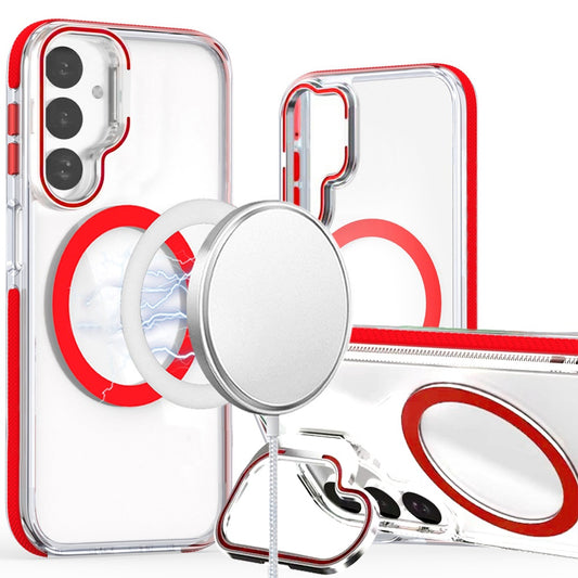 For Samsung Galaxy A17 5G Hybrid Clear Back Case with Invisible Camera Bracket Stand, MagSafe Magnetic Circle, Shockproof Color Frame Case Cover Red