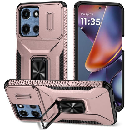 For Motorola Moto G Stylus 5G 2025 Case, Camera Cover with Magnetic Rotation Ring Stand, Military Grade Hybrid Hard TPU Shockproof Case Cover Rose Gold