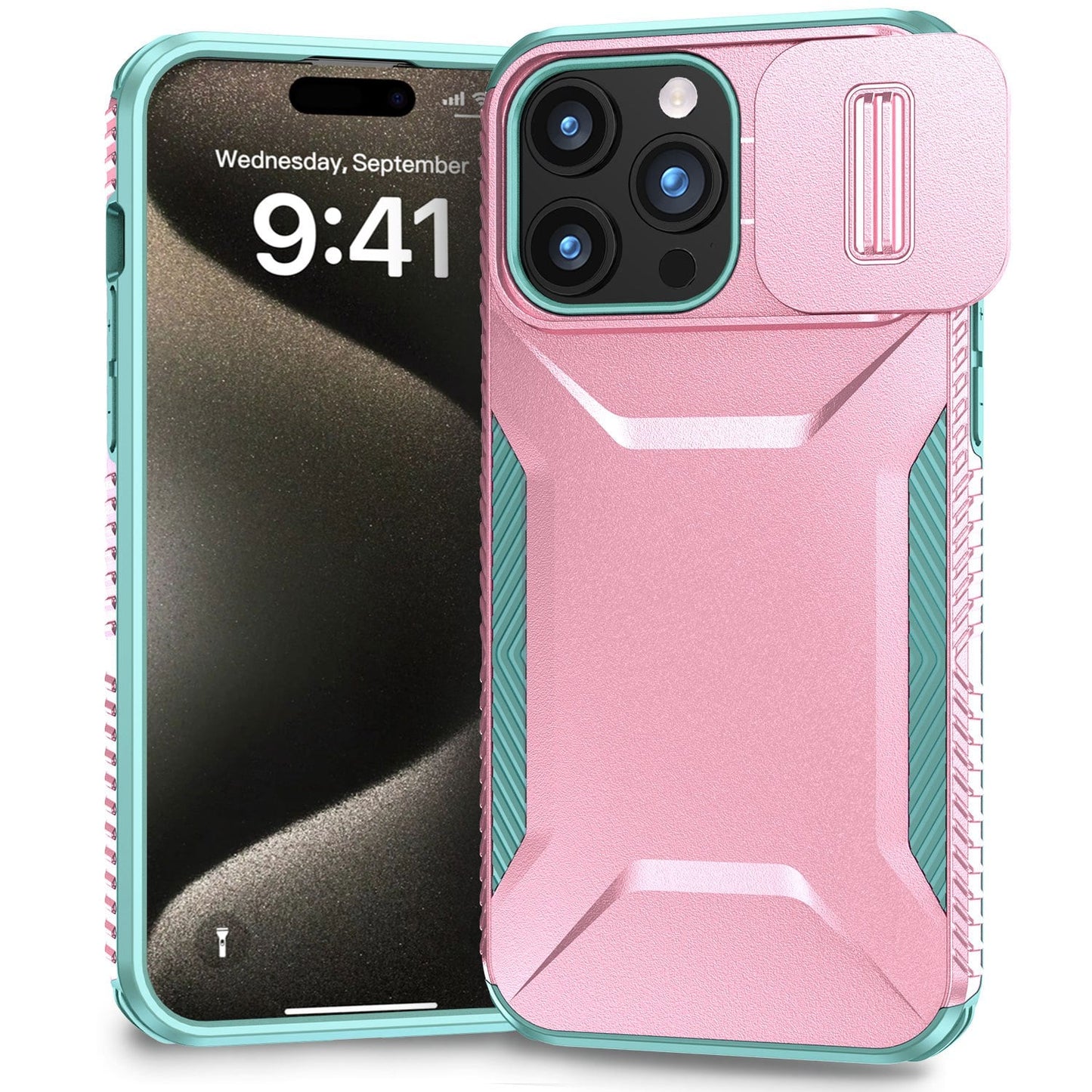 For iPhone 15 Pro Max (6.7") Slim Fit Shockproof Hybrid with Slide Camera Window Covering, Rugged Tpu Silicone Hard PC Bumper Case Cover Pink-Teal