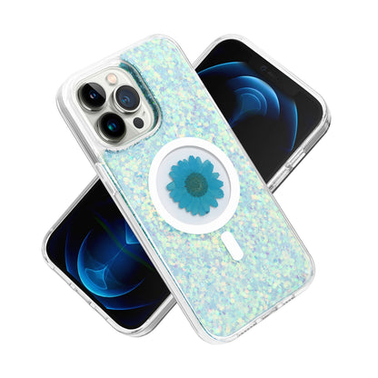 For Apple iPhone 17E /16E MagSafe Compatible Glitter Flower Epoxy Hybrid Slim TPU Case, Magnetic Circle Design, Sparkly Bling Protective Case Cover