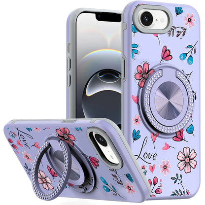 For Apple iPhone 16e Pattern Design Hybrid with Invisible Ring Stand & Magnetic Back, Shockproof Protective Grip Case Cover Love Flower