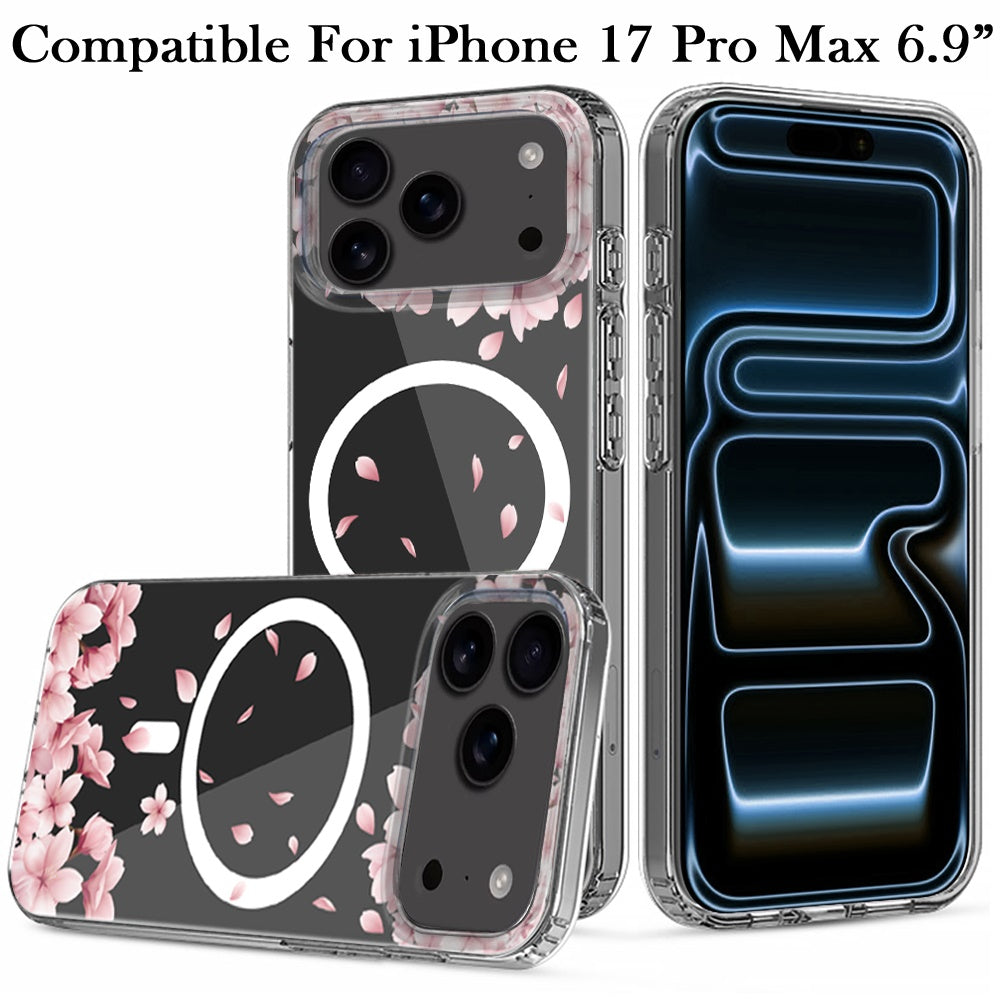 For Apple iPhone 17 Pro Max Hybrid Flower Design Stylish Fashion Case, MagSafe Compatible, Thick Shockproof Hard PC Case Cover