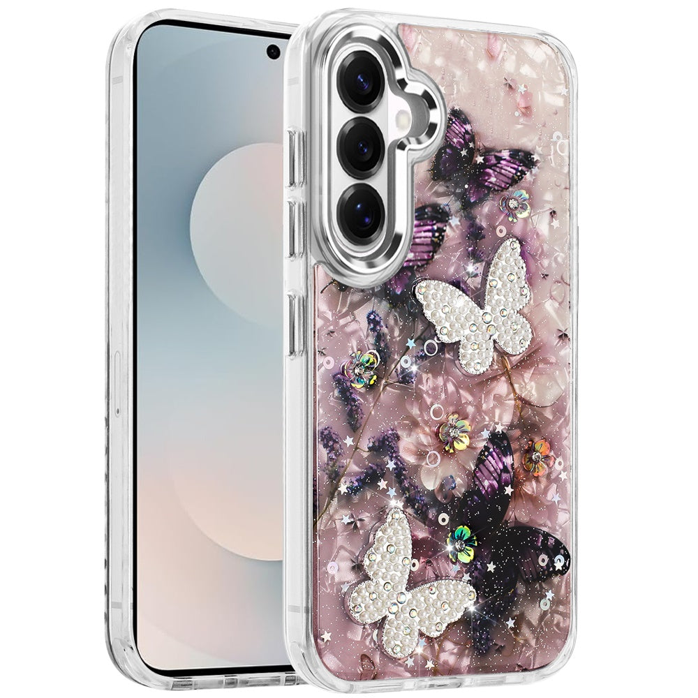 For Samsung Galaxy S26 Ultra Epoxy Glitter Flowers Bling 3D Butterfly Fashion TPU Hybrid with Shockproof Protection Case Cover