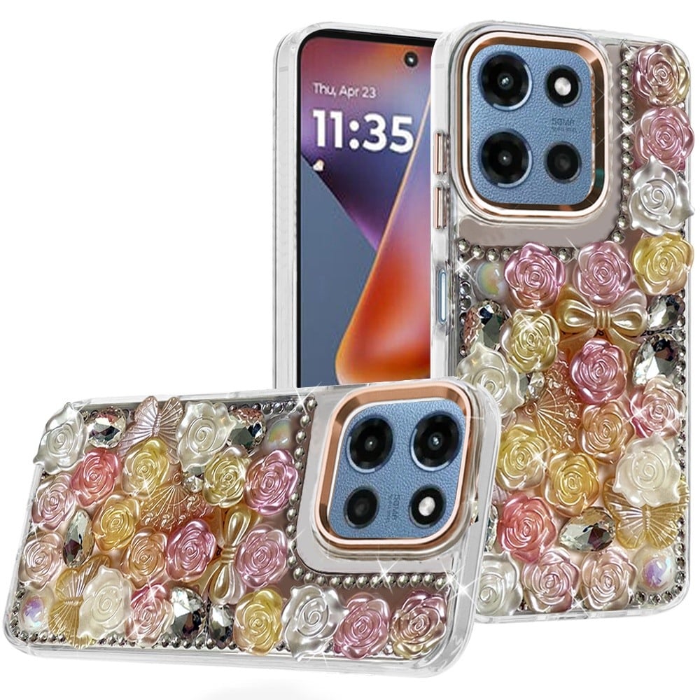 For Motorola Moto G 5G 2026/2025 Muti-Color Floral Fashion Bling Crystal 3D Full Diamonds Stones Sparkle Rhinestone Glitter Hybrid Case Cover