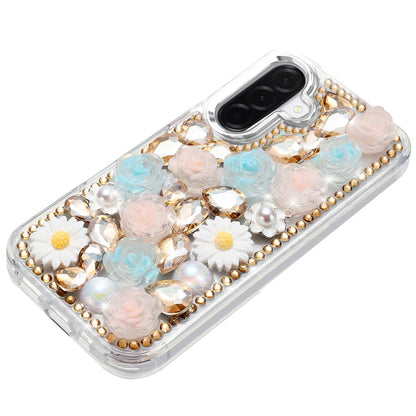 For Samsung Galaxy A57 Fashion Daisy Floral Series, Full 3D Bling Crystal Diamonds Sparkling Rhinestone Glitter Hybrid Design Case Cover