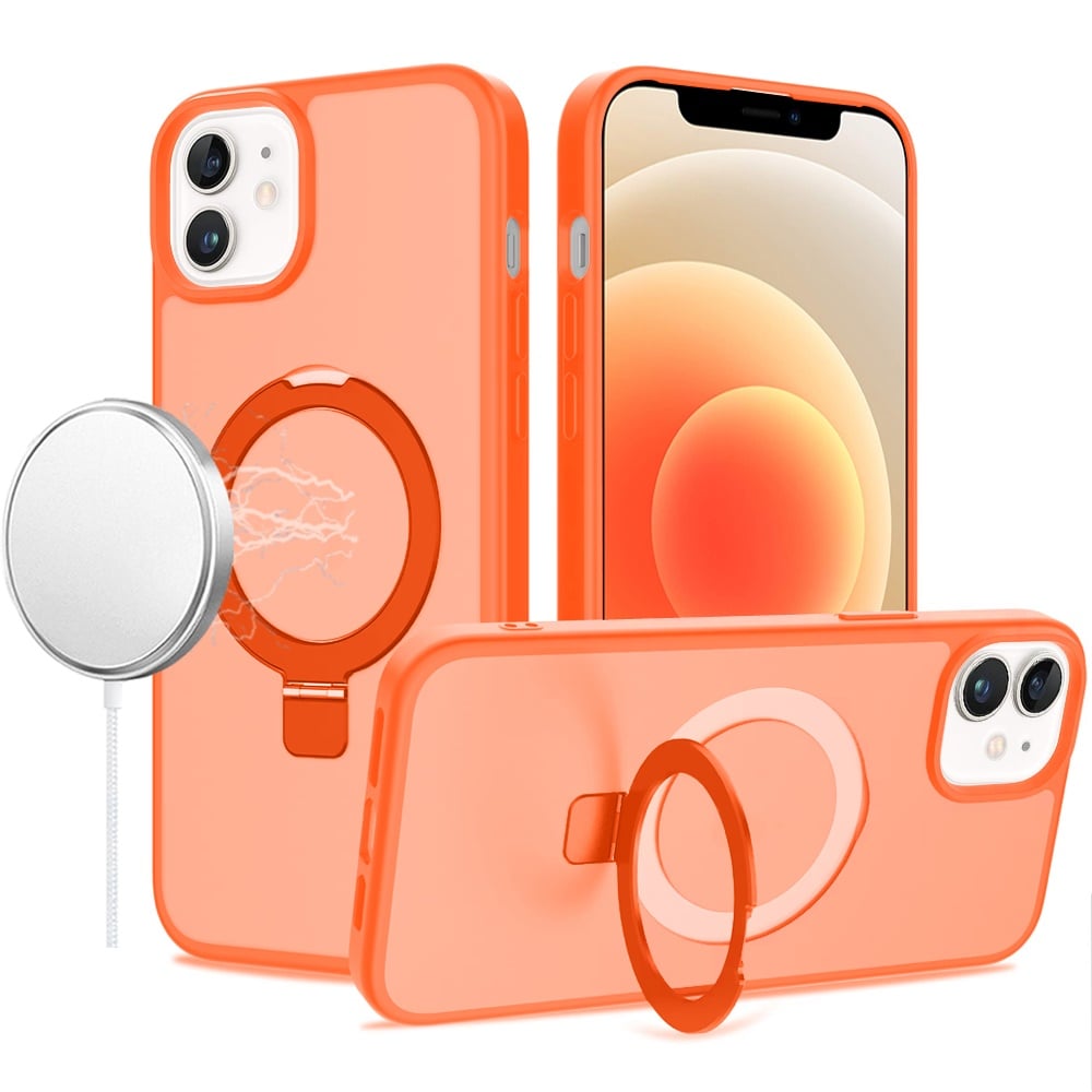 For iPhone 12 / iPhone 12 Pro (6.1") Magnetic Circle Back with Ring Stand Full Rotation Matte Hybrid Shockproof Case Cover Cosmic Orange