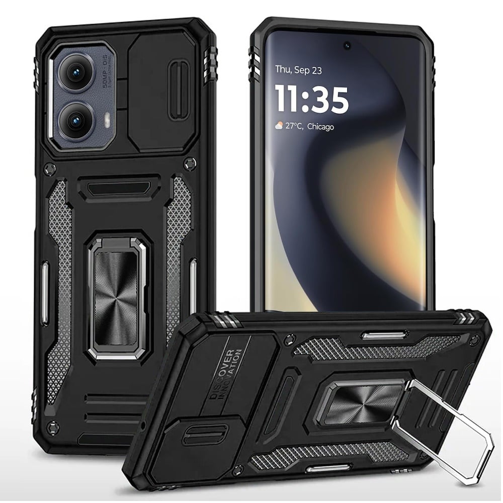 For Motorola Edge 2024 Tough Hybrid Case with Movable Camera Window & Metal Ring Stand Shockproof Case Cover Black
