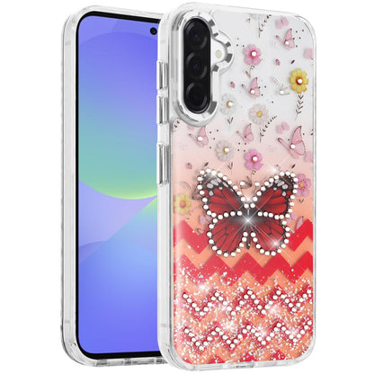 For Samsung Galaxy A36 Butterfly Resin Epoxy Diamond Design Metal Edged Hybrid Shockproof Heavy Duty Drop Protection Case Cover