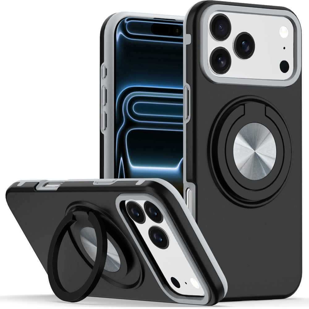 For Apple iPhone 17 Pro Metal Matte Hybrid with Invisible Rotational Ring Stand, Car Mount Friendly, Military Grade Slim Fit Sturdy Case Cover