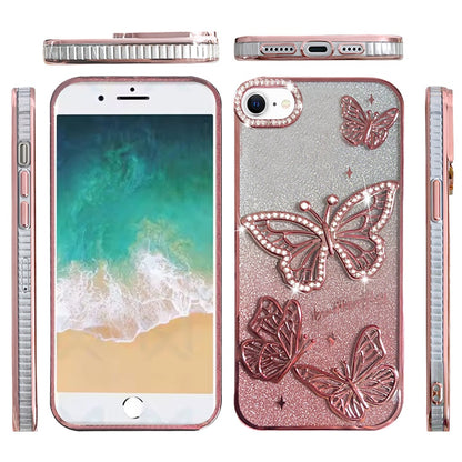 For Apple iPhone 17E /16E Luxury Butterfly Sparkle Glitter Diamond Crystal Rhinestone Shimmer Bling Plating Thick TPU Hard PC Case Cover Rose Gold