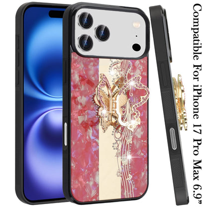 For Apple iPhone 17 Pro Max (6.9") Diamonds 3D Fashion Bling Sparkly Glitter Ornaments Engraving Hybrid with Ring Stand Case Cover