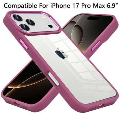 For Apple iPhone 17 Pro Max (6.9") Slim Fit Hybrid Transparent Thick Acrylic with Metal Buttons Frame Protective Hard PC + TPU Shockproof Case Cover Burgundy
