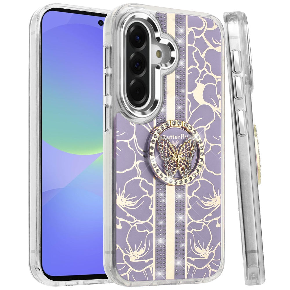 For Samsung Galaxy A37 Diamonds 3D Butterfly Floral Design Bling Sparkly Glitter Hybrid Metal Fashion with Ring Stand Case Cover