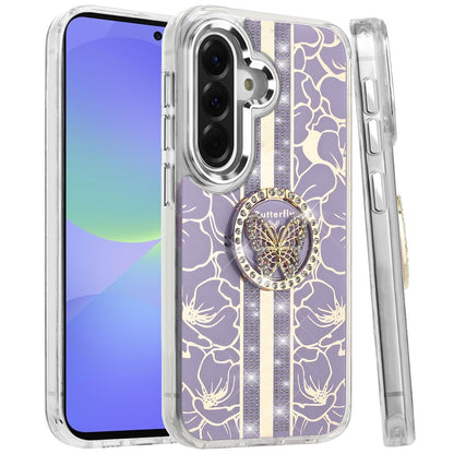 For Samsung Galaxy A37 Diamonds 3D Butterfly Floral Design Bling Sparkly Glitter Hybrid Metal Fashion with Ring Stand Case Cover