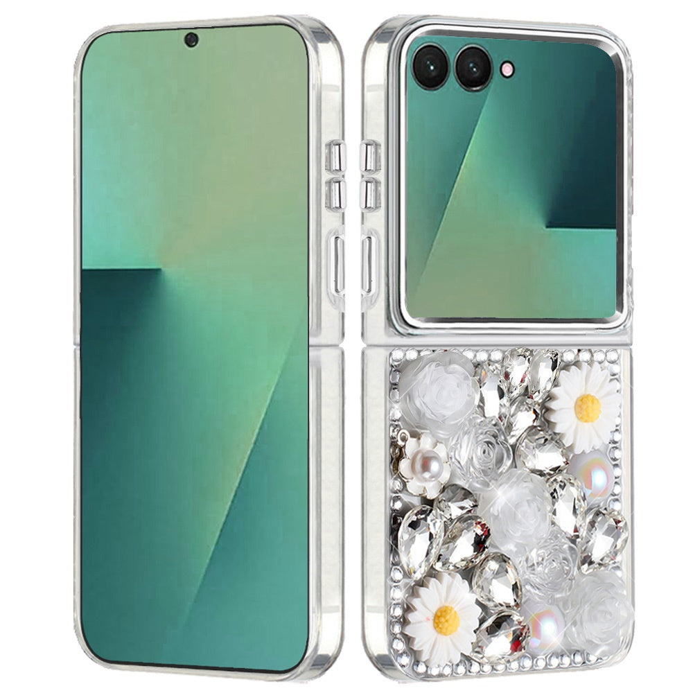 For Samsung Galaxy Z Flip 7 Fashion Daisy Floral Series, Full 3D Bling Crystal Diamonds Sparkling Rhinestone Glitter Hybrid Design Case Cover
