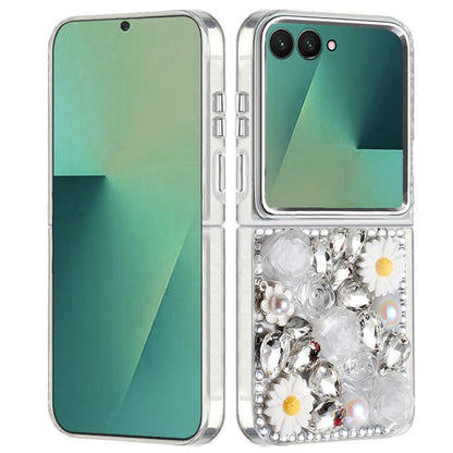 For Samsung Galaxy Z Flip 7 Fashion Daisy Floral Series, Full 3D Bling Crystal Diamonds Sparkling Rhinestone Glitter Hybrid Design Case Cover