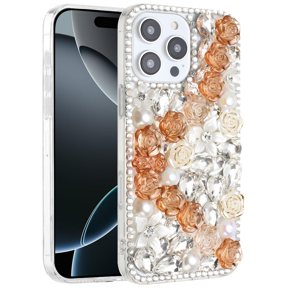 For iPhone 16 Pro Max (6.9") Fashion Rose Flower Floral, 3D Bling Crystal Full Diamonds Pearl Sparkle Rhinestone Glitter Hybrid Case Cover Gold