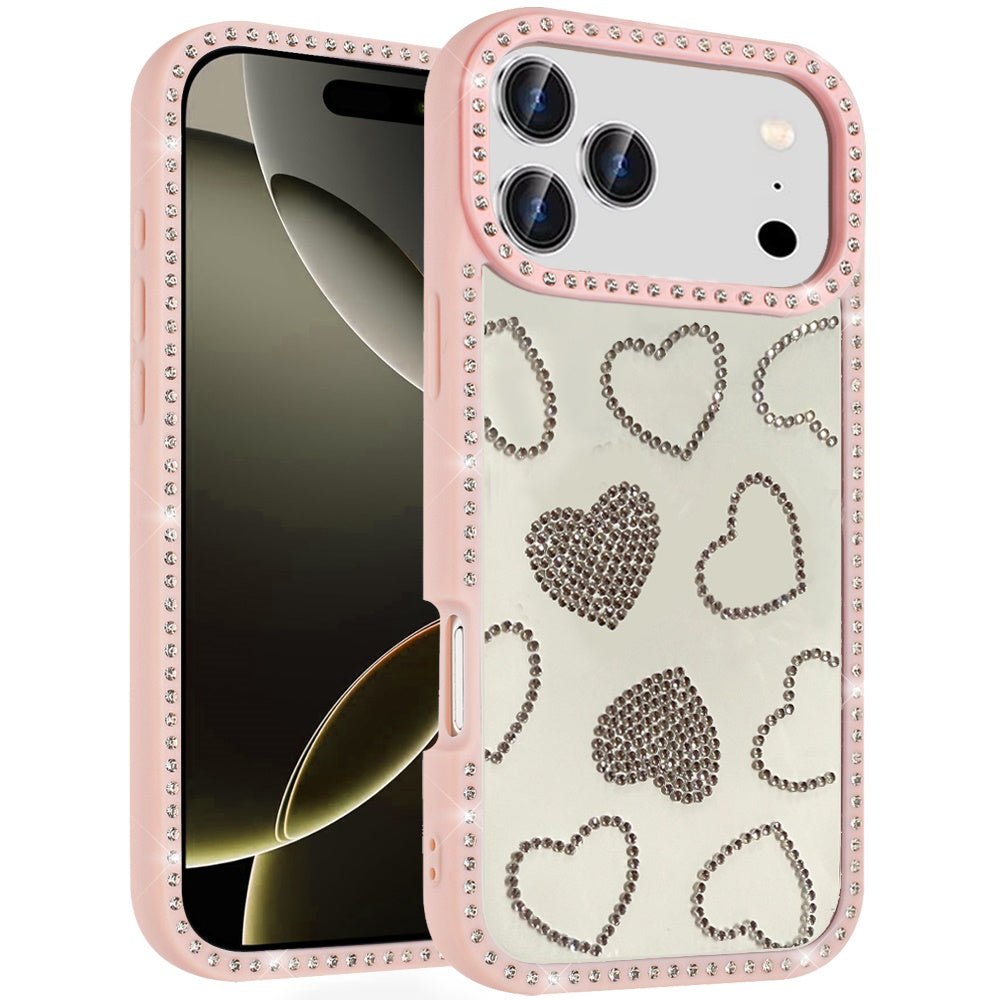 Phone Case for Apple iPhone 17 Pro Max (6.9") Spread Love Hearts Glitter Shimmer Bling Diamond Edge Shockproof Hybrid Stylish Protective Slim Grip Designer Cover Pink