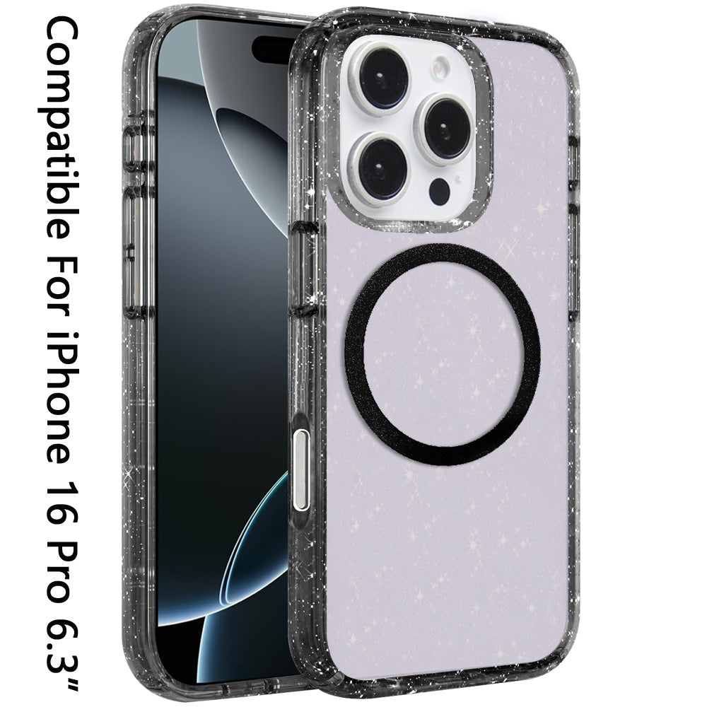 For Apple iPhone 16 Pro (6.3") Transparent Glitter Bling Sparkly Shiny Case Hybrid Magnetic Circle Compatible with MagSafe Shockproof Case Cover