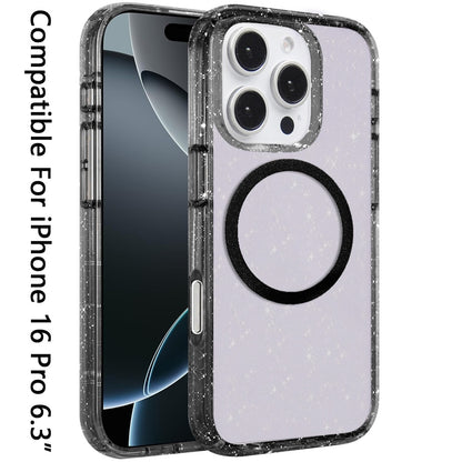 For Apple iPhone 16 Pro (6.3") Transparent Glitter Bling Sparkly Shiny Case Hybrid Magnetic Circle Compatible with MagSafe Shockproof Case Cover