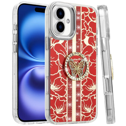 For Apple iPhone 17 (6.3") Diamonds 3D Butterfly Floral Design Bling Sparkly Glitter Hybrid Metal Fashion with Ring Stand Case Cover