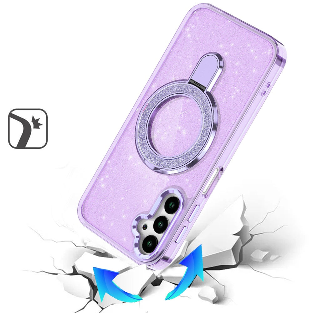 For Samsung Galaxy S25 Ultra Transparent Glitter Bling Case with Rotating Magnetic Ring Stand, Shockproof Hybrid Case Cover