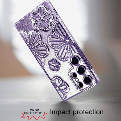For Samsung Galaxy S25 Ultra Luxury Flower Design Sparkle Glitter Diamond Rhinestone Shimmer Bling Plating Thick TPU Hard PC Case Cover