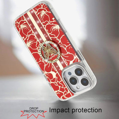 For iPhone 16 Pro Max (6.9") Diamonds 3D Butterfly Floral Design Bling Sparkly Glitter Hybrid Metal Fashion with Ring Stand Case Cover