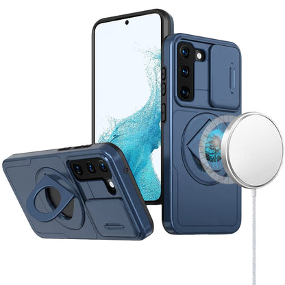 For Samsung Galaxy S21 FE /Fan Edition Full Coverage with Camera Window, Magnetic Circle, Rotatable Ring Stand, MagSafe Compatible, Shockproof Hybrid Protectiv Case Cover Blue