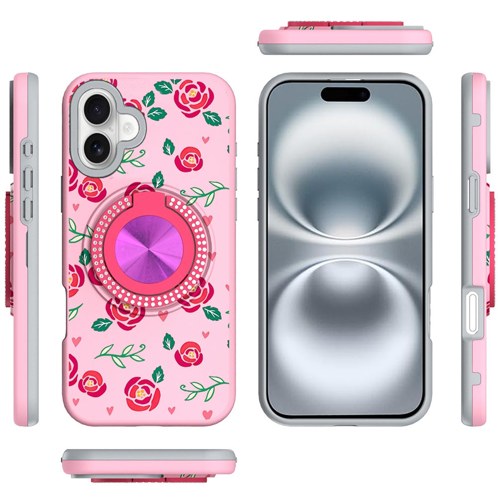 For Apple iPhone 16 (6.1") Pattern Design Hybrid with Invisible Ring Stand & Magnetic Back, Shockproof Protective Grip Case Cover