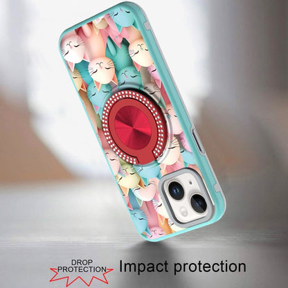 For iPhone 14/13 (6.1") Pattern Design Hybrid with Invisible Ring Stand & Magnetic Back, Shockproof Protective Grip Case Cover