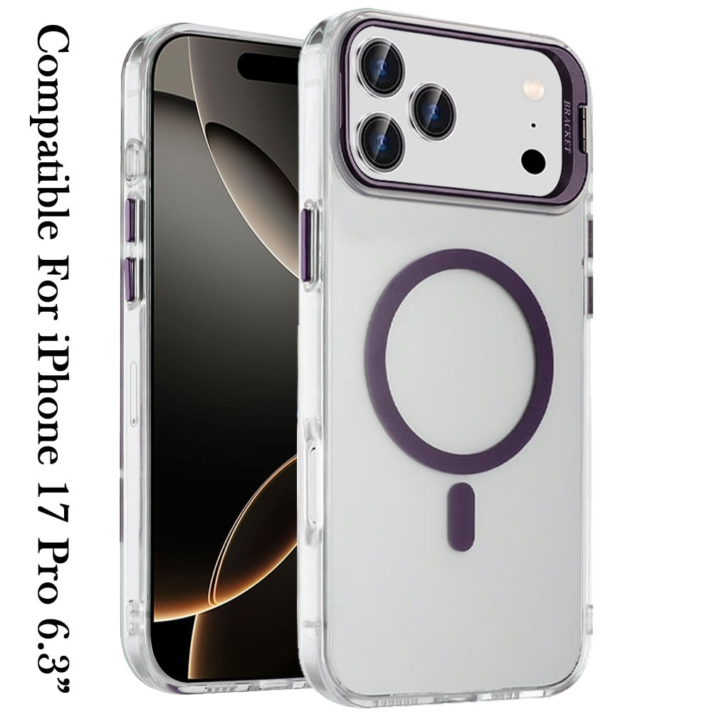 For Apple iPhone 17 Pro (6.3") Magnetic Back MagSafe Compatible Transparent Hybrid Drop Protection with Metallic Camera Stand Case Cover