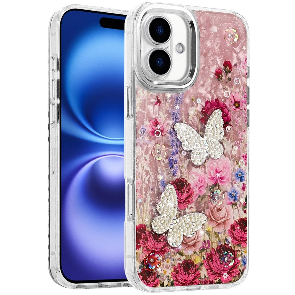 For Apple iPhone 17 (6.3") Epoxy Glitter Flowers Bling 3D Butterfly Fashion TPU Hybrid with Shockproof Protection Case Cover