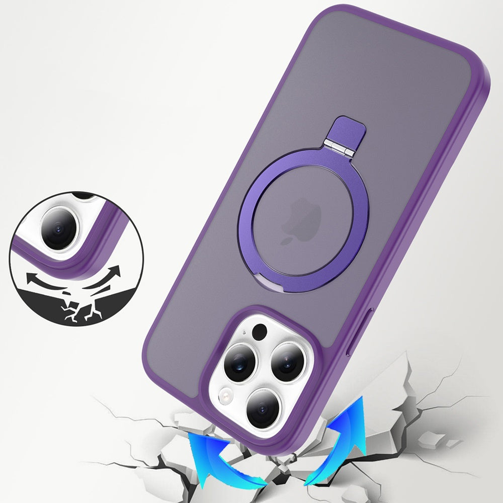For Apple iPhone 15 Pro Max Magnetic Circle Back with Ring Stand Full Rotation Matte Hybrid Shockproof Case Cover Dark Purple