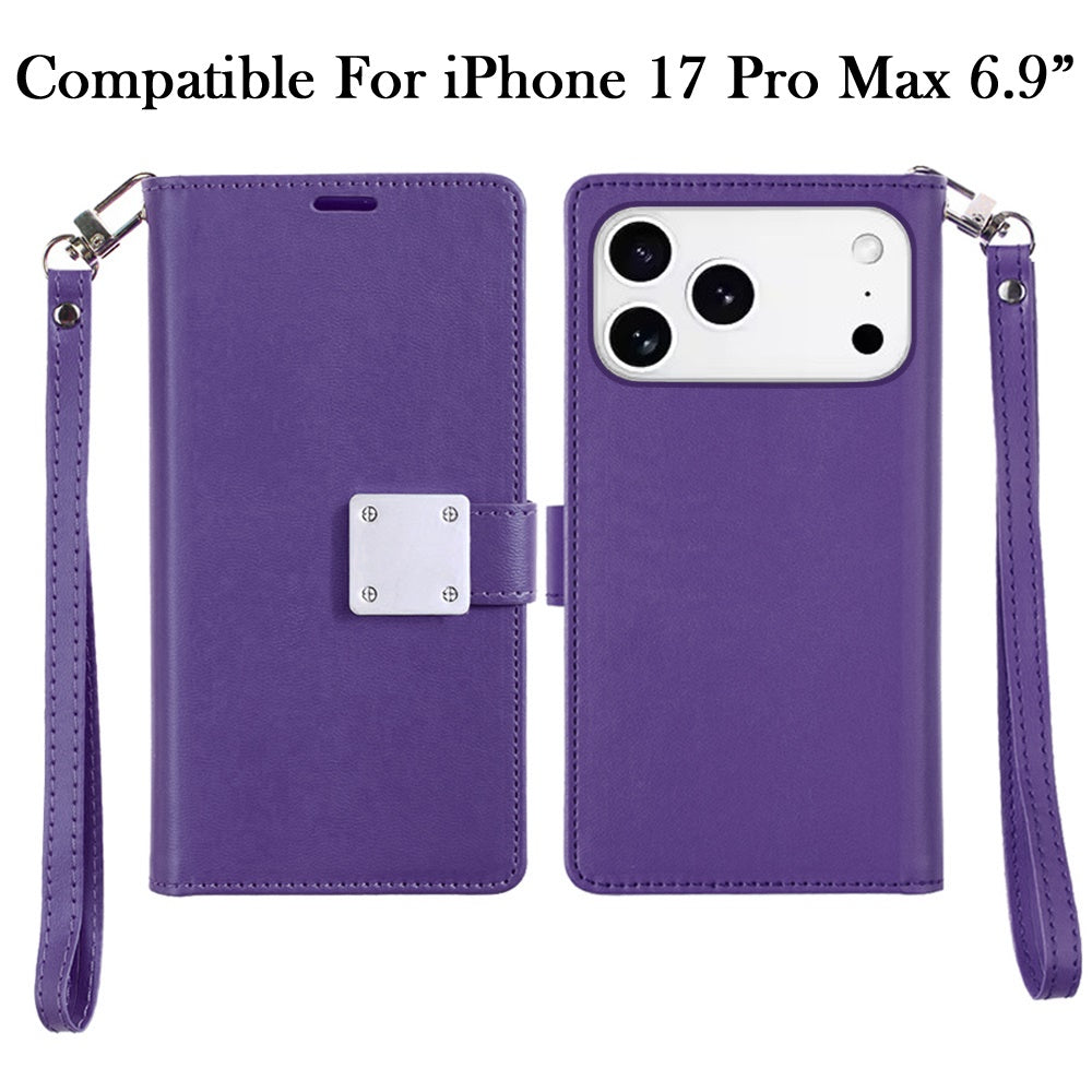 For Apple iPhone 17 Pro Max (6.9") Wallet Cases PU Leather with Credit Card /ID /Cash Holder Slot Dual Flip Book Pouch, Stand and Strap Case Cover