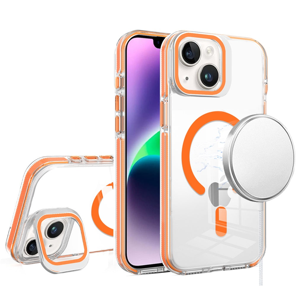 Phone Case for Apple iPhone 14/13 Magnetic Transparent Tough Hybrid Camera Guard Stand Shockproof Color Edge Rugged Grip Durable Cover Cosmic Orange