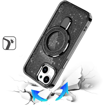 For iPhone 15 Plus (6.7") Transparent Glitter Bling Case with Rotating Magnetic Ring Stand, Shockproof Hybrid Case Cover Black