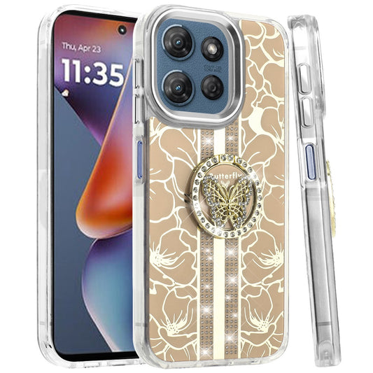 For Motorola Moto G 5G 2025 Diamonds 3D Butterfly Floral Design Bling Sparkly Glitter Hybrid Metal Fashion with Ring Stand Case Cover Gold