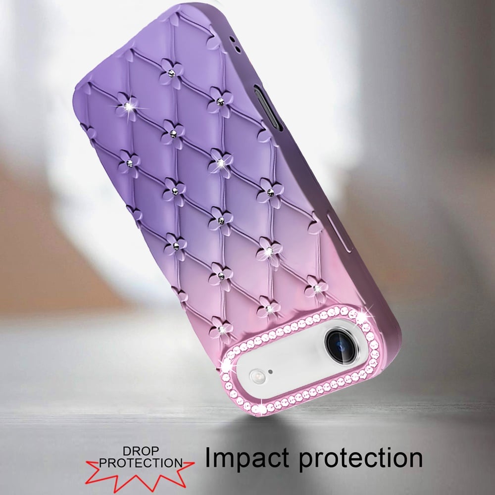 For Apple iPhone 17 Air (6.6") Fashion Flower Design Sparkle Glitter Shimmer Rhinestone Bling Floral Accents, Leather Texture TPU Case Cover