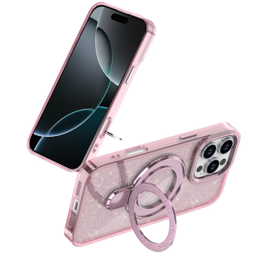 For iPhone 16 Pro Max (6.9") Transparent Glitter Bling Case with Rotating Magnetic Ring Stand, Shockproof Hybrid Protector Light Pink