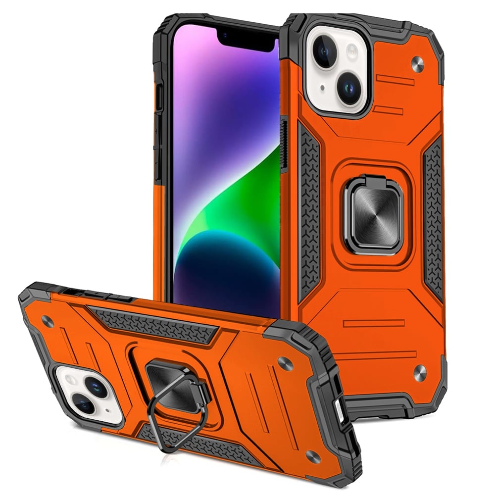 For iPhone 14/13 (6.1") Armor Hybrid Magnetic Stand with Ring Holder Kickstand Shockproof Heavy-Duty Durable Rugged TPU Dual Layer Case Cover Cosmic Orange