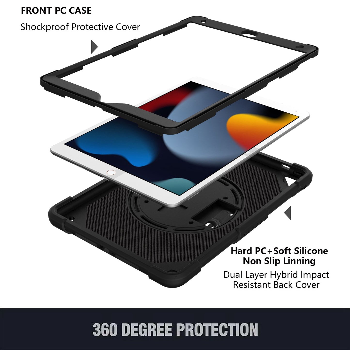 For 3-in-1 Tough Hybrid Shockproof Protector Silicone TPU with Pencil Holder, Kickstand, Hand & Shoulder Strap Black Tablet Case Cover