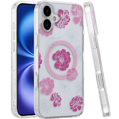 For Apple iPhone 17 Stylish Pattern Fashion IMD Printed Design TPU Double Layer Slim Shockproof with Magnetic Back Case Cover Hot Pink Flower
