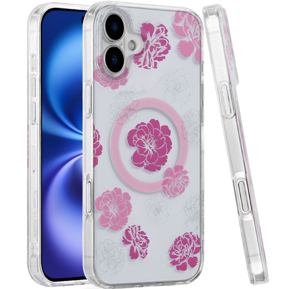 For Apple iPhone 17 AIR Stylish Pattern Fashion IMD Printed Design TPU Double Layer Slim Shockproof with Magnetic Back Case Cover Hot Pink Flower