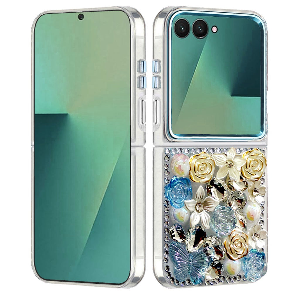 For Samsung Galaxy Z Flip 7 3D Diamond Floral Roses Flower Bling Stone Hybrid, Sparkly Rhinestone Gemstone Back Shockproof Case Cover