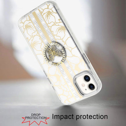 For Apple iPhone 11 Diamonds 3D Butterfly Floral Design Bling Sparkly Glitter Hybrid Metal Fashion with Ring Stand Case Cover