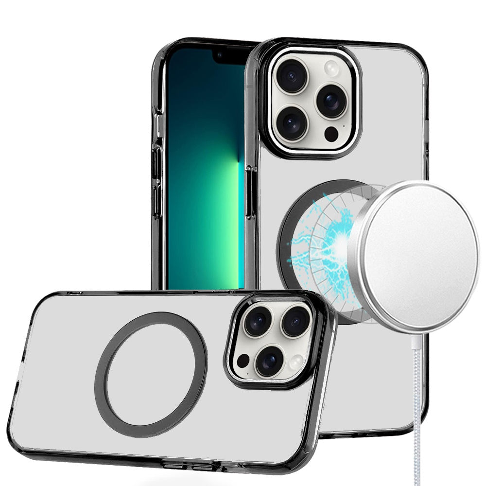For Apple iPhone 13 Pro Transparent Back Hybrid Case - Magnetic Circle, Color Frame, Metal Buttons, MagSafe Compatible Case Cover Black