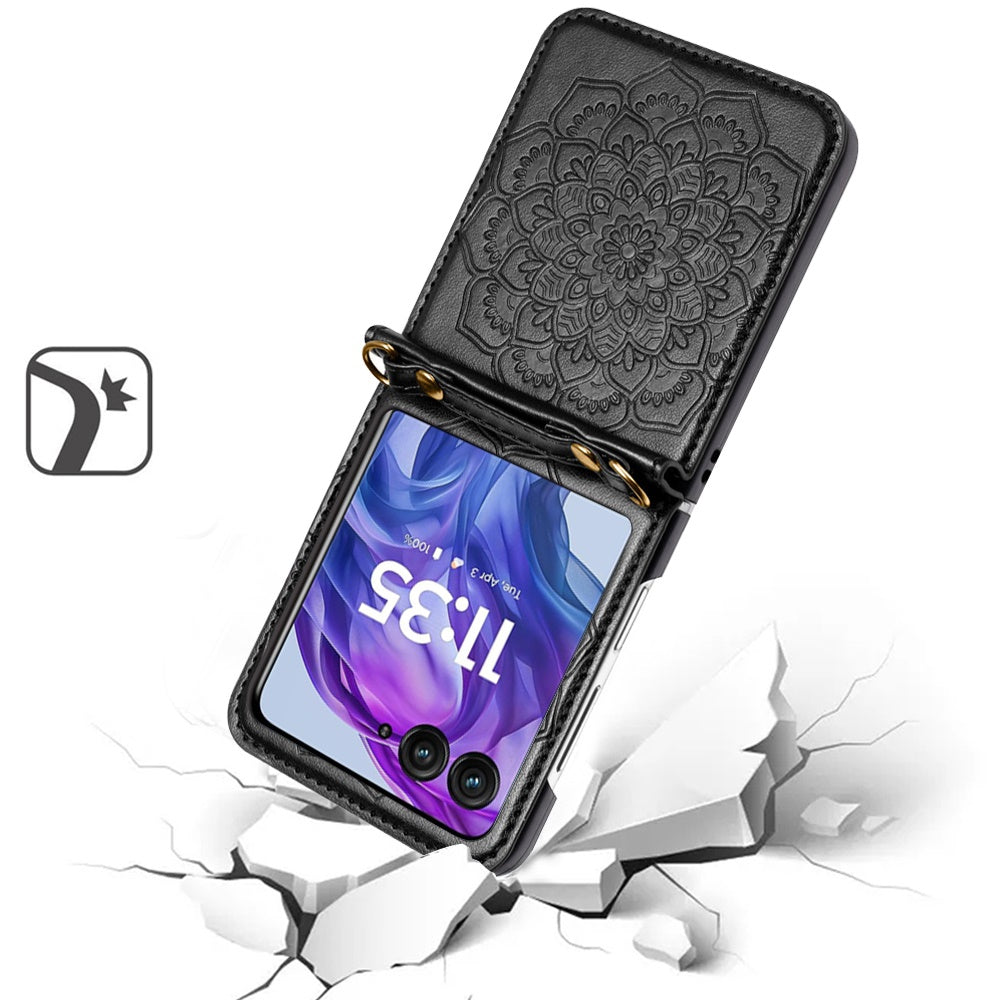For Samsung Galaxy Z Flip 7 FE Embossed Floral PU Leather Henna Mandala Design Flip Cover with Strap, Hybrid Protective Case Cover Black