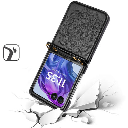 For Samsung Galaxy Z Flip 7 FE Embossed Floral PU Leather Henna Mandala Design Flip Cover with Strap, Hybrid Protective Case Cover Black