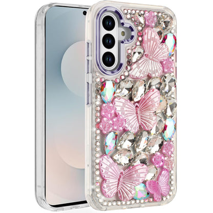 For Samsung Galaxy S25 FE, S25 Fan Edition 3D Diamond Floral Butterfly Bling Stone Hybrid, Sparkly Rhinestone Gemstone Back Shockproof Case Cover Purple